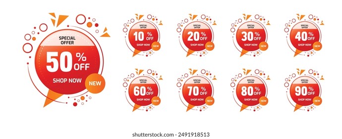 Red Tag set Sale discount Tags, coupon, sale, big discount, shop, flash sale tags, 10, 20, 30, 40, 50, 60, 70, 80, 90 percent off Discount. Red and Orange Tag set. Vector Tags collection