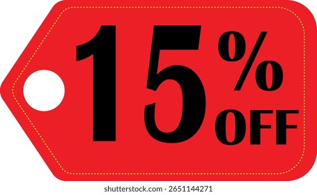 Red tag with yellow stitching showing fifteen percent off sale announcement