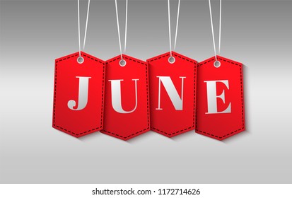 Red tags for sale with the word June. Red tags on a white background. Advertising banner. Vector.