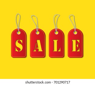 Red tags with Sale word on yellow background. Vector illustration.