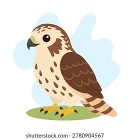 Red tailed hawk standing on green grass in cute flat vector style, Buteo jamaicensis feathers glowing softly, Red tailed hawk wildlife icon art
