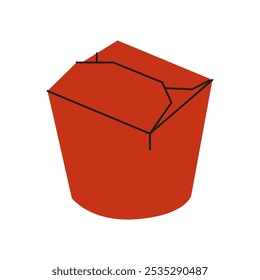 Recipiente rojo para llevar con tapa abierta, comúnmente utilizado para la cocina asiática, colocado en una mesa