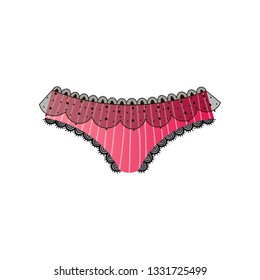 Red tangas with ruffled waist and openwork edges isolated on white background