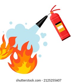 Red tank of fire extinguisher spraying on flame in flat design on white background.