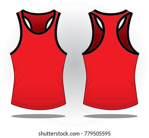 Red Tank Top with Black Edge Template on White Background. Front and Back Views, Vector File.