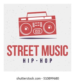 Red tape Boombox on a gray background and the words: street music and hip-hop. Vector image. The concept of street art. Vintage. Can be used as graffiti, prints, posters, printed materials.