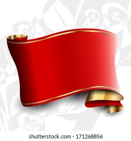 The red tape on the gray floral background