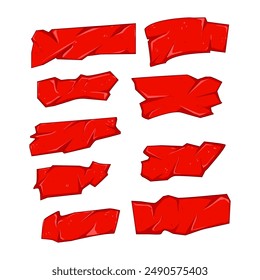 conjunto de cinta roja de dibujos animados. etiqueta engomada de corte, gran nuevo, Anuncio negocio cinta roja signo. símbolo aislado Ilustración vectorial