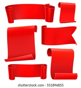 Red tapes template set. Curled paper ribbons. Ancient papyrus collection. Vector illustration.