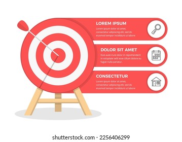 Red target with 3 elements for text and icons, infographic template, 3 steps to success, vector eps10 illustration