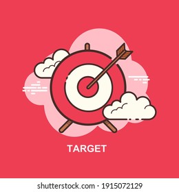 Red target with arrow in center with clouds on red background flat concept design