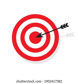 Red  target arrow center on white background. Isolated vector illustration. Business icon. Arrow icon. Stock image. EPS 10.