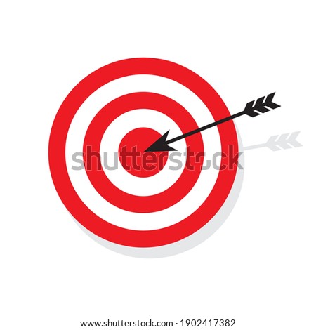 Red  target arrow center on white background. Isolated vector illustration. Business icon. Arrow icon. Stock image. EPS 10.
