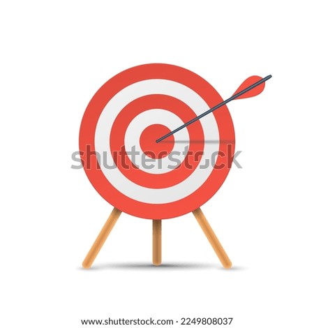 Red target with arrow, standing on a tripod. Goal achieve, strategy, success, solution concept. 3d realistic vector illustration isolated on white background. Transparent shadows