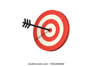 Red target for a bow with an arrow in the center of 3D. A vector object on an isolated white background.