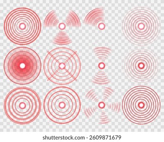 Red target circle identifies painful or inflamed body spot. Concentric radar symbol marks localized internal discomfort clearly. Pulse effect visualizes throbbing sensation in affected tissue.