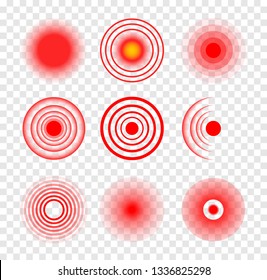 Roter Zielkreis medizinische Vektorgewehr. Schmerzhafter Ort. Das Symbol für Wellentherapie Schmerzen schmerzt rotes Ziel.