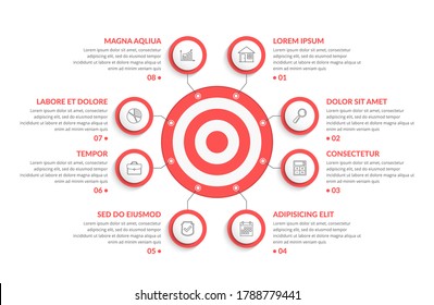 Red target with eight elements for your text and icons, infographic template for web, business, presentations, vector eps10 illustration