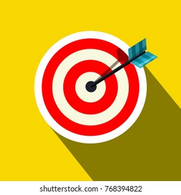Red Target Icon with Arrow on Yellow Background. Vector Symbol with Long Shadow.