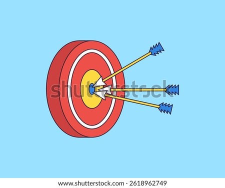 Red target with three arrows perfectly hitting the bullseye, symbolizing accuracy, precision, and goal achievement cartoon vector illustration hand drawn