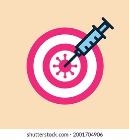 Red target with virus in the center. Covid 19 vaccination concept. Syringe with covid vaccine hits in the virus. Vaccine or vaccination concept. Vector illustration.