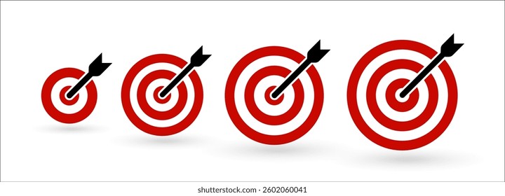 Red targets with black arrows, symbolizing focus, success, progress, goal achievement. Icon for business infographic, sport competitions, leadership logo, strategic planning. Flat vector illustration