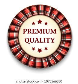 Red Tartan Best Quality badge with ribbon on white background, vector