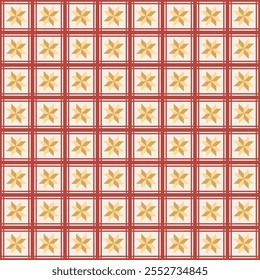 Red tartan golden block star in Christmas style, seamless pattern for wrapping paper, textile, fabric and garment.