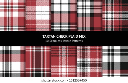 Red tartan plaid pattern set. Seamless bright colorful vector check plaid in nearly black, soft red, and white for flannel shirt, scarf, blanket, or other modern textile design.