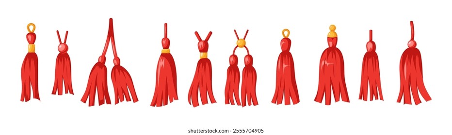 Red tassels hanging flat color vector objects set. Traditional Chinese culture festive ornaments illustrations bundle on white background