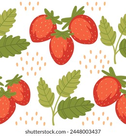Red tasty wild strawberry on green stem with leaves vector illustration on white background