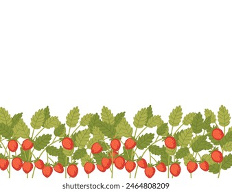 Red tasty wild strawberry on green stem with leaves vector illustration on white background