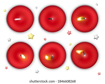 Juego de velas de té rojo. Aislada luz quemante romántica. Vista superior de la tabla de formas de llama
