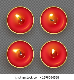 Red tea candle set. Romantic different burning light isolated. Various flame shape table top view