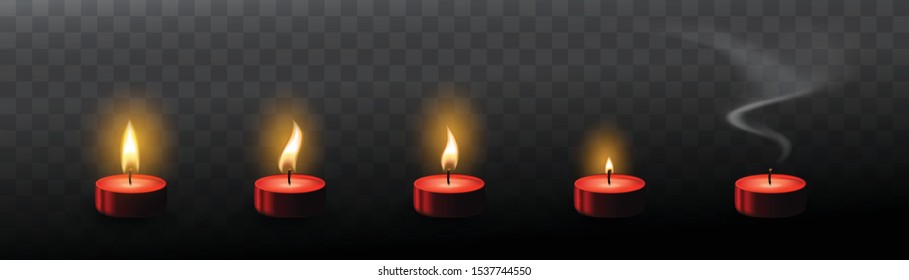 Red tea candles with realistic flare texture isolated on transparent background. Set of 3d vector candle flames and smoke for sprite sheet animation