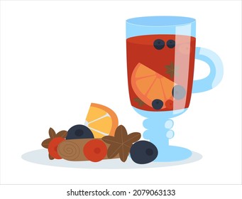 Red tea in a clear glass with a handle. Berries and spices for mulled wine. A hot winter drink. Flat isolated illustration on white background.