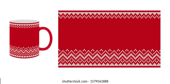 Red tea cup with knitting print. Xmas seamless knit texture. Vector. Christmas winter pattern with zig zag. Sweater, pullover illustration. Holiday fair isle traditional design.