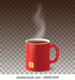 Red tea cup with smoke on transparent background. Vector realistic element for your design.