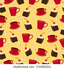 Red tea cups, chocolate muffins with cream and cherries, sugar cubes on a yellow background. Tea party, birthday party, sweet party. Seamless pattern.