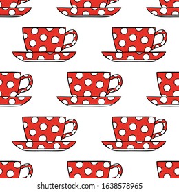 Red tea cups on a saucer. Seamless pattern. Vector hand drawing. Side view. Isolated object on a white background. Texture.