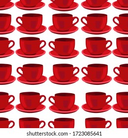 Red tea cups with saucers on a white background. Seamless pattern. Vector realistic hand drawing.