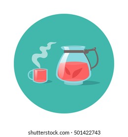 Red tea in a glass teapot. Vector illustration. Cartoon. Isolated. Flat