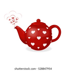 Red tea kettle in white heart. From the teapot spout is in the form of pairs of hearts. Illustration for Valentine's Day. Vector illustration for your design