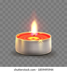 Red tea light, candle isolated on transparent background. Holiday illustration for postcard, banner, cards, decor, design, arts, advertising.
