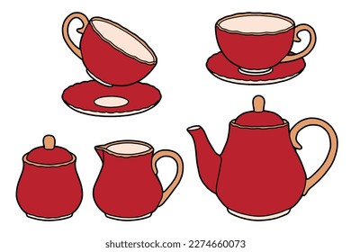 Red tea service. Beautiful dishes. Hand drawing picture.