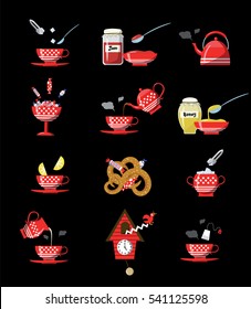 Red tea set flat icons isolated  on black background. Design concept for cafe, confectionery, tea shop. Tea set porcelain, Cuckoo-clock, candies, tea bags, sugar, milk, honey, bagel, lemon, jam.