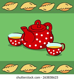 Red tea set white dots with pies