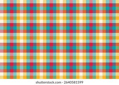 Red teal orange yellow check pattern. Seamless vector tartan texture. Shirt, textile, fabric, blanket or casual fashion print design. Checkered plaid pattern.
