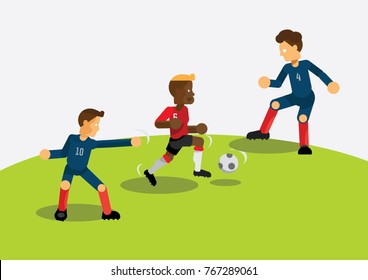 red team soccer player dribbling during match game defeat dark blue team in soccer stadium vector illustration