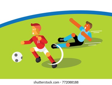 red team soccer player dribbling ball escape light blue team 